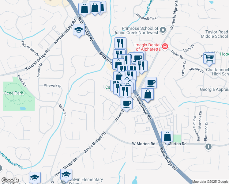 map of restaurants, bars, coffee shops, grocery stores, and more near 4645 Valais Court in Johns Creek