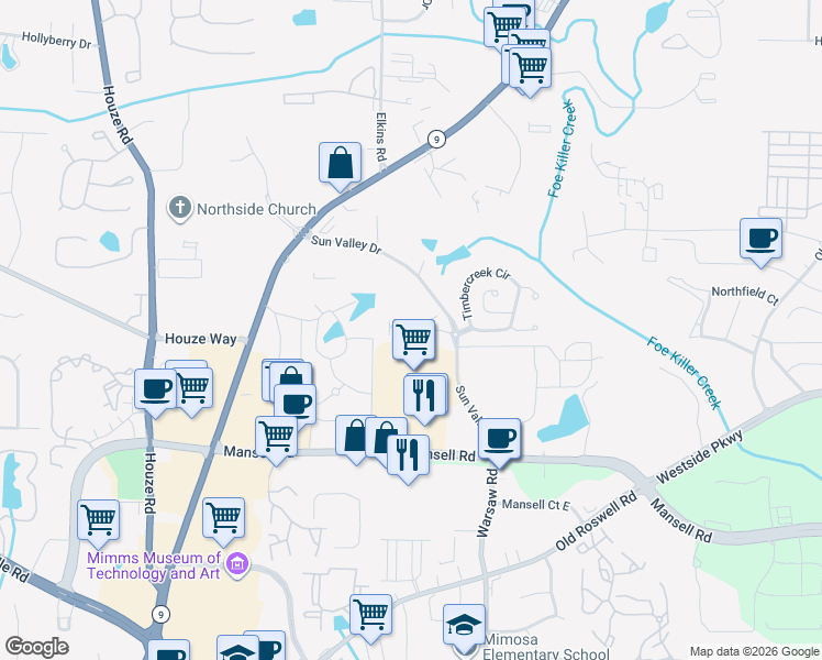 map of restaurants, bars, coffee shops, grocery stores, and more near 505 Warwick Place in Roswell