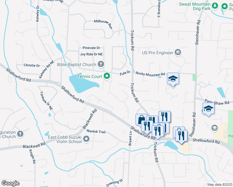 map of restaurants, bars, coffee shops, grocery stores, and more near 3944 Blustery Way Northeast in Marietta