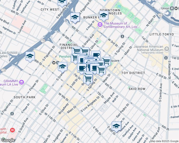 map of restaurants, bars, coffee shops, grocery stores, and more near 314 West 6th Street in Los Angeles