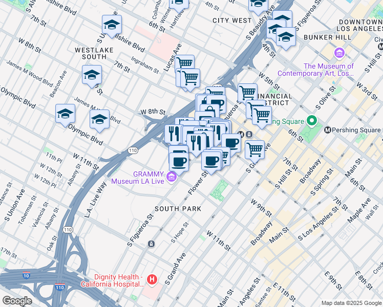 map of restaurants, bars, coffee shops, grocery stores, and more near 865 South Figueroa Street in Los Angeles