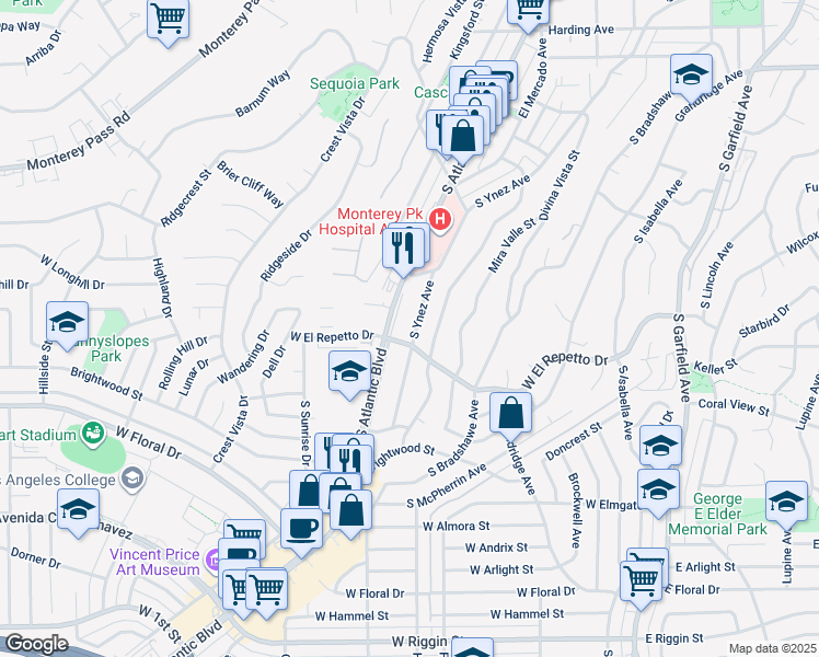 map of restaurants, bars, coffee shops, grocery stores, and more near 1351 South Ynez Avenue in Monterey Park