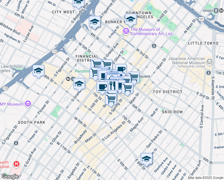 map of restaurants, bars, coffee shops, grocery stores, and more near 314 West 6th Street in Los Angeles