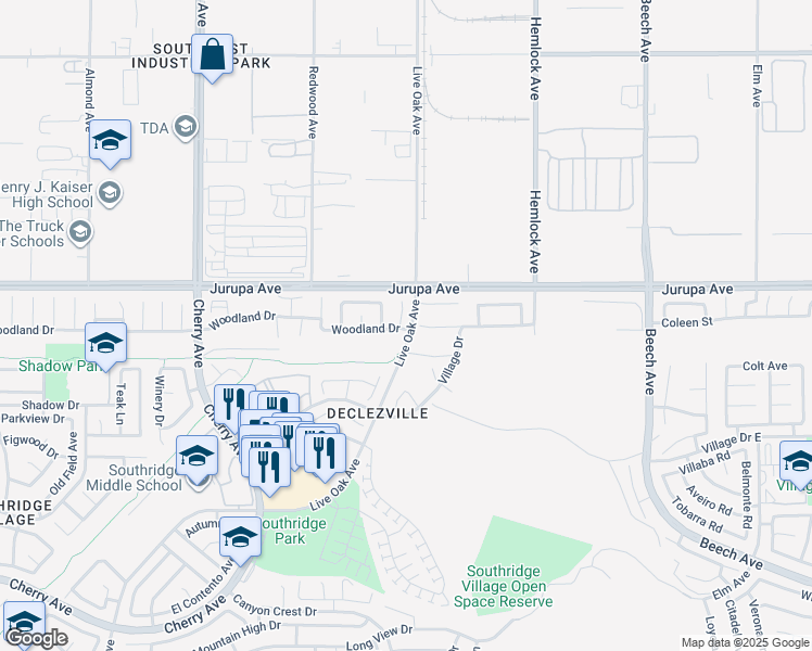 map of restaurants, bars, coffee shops, grocery stores, and more near 11325 Rockridge Lane in Fontana