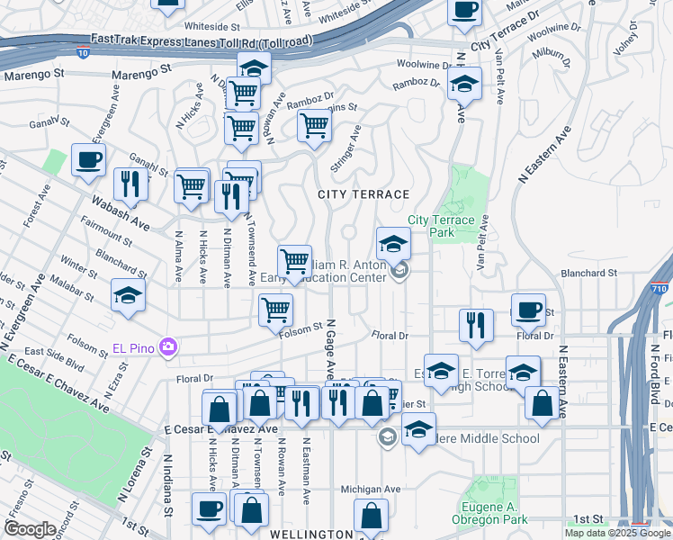 map of restaurants, bars, coffee shops, grocery stores, and more near 924 North Gage Avenue in Los Angeles