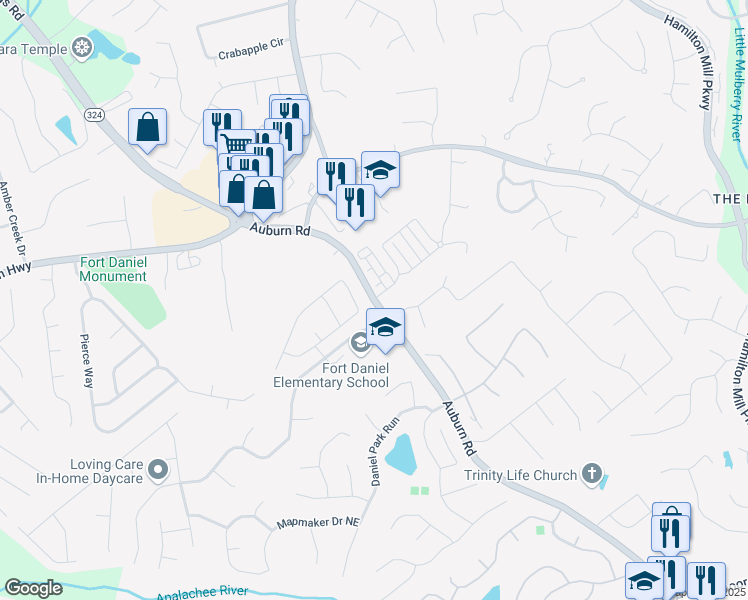 map of restaurants, bars, coffee shops, grocery stores, and more near 1862 Auburn Road in Dacula