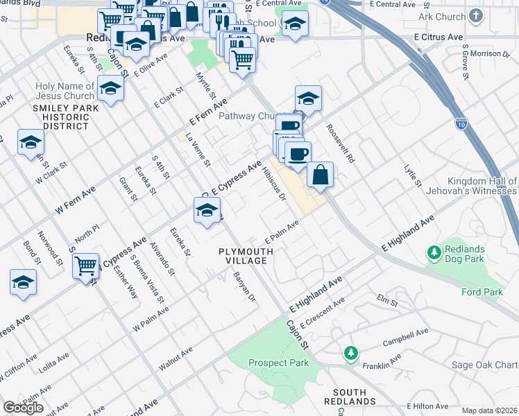 map of restaurants, bars, coffee shops, grocery stores, and more near 201 Primrose Avenue in Redlands