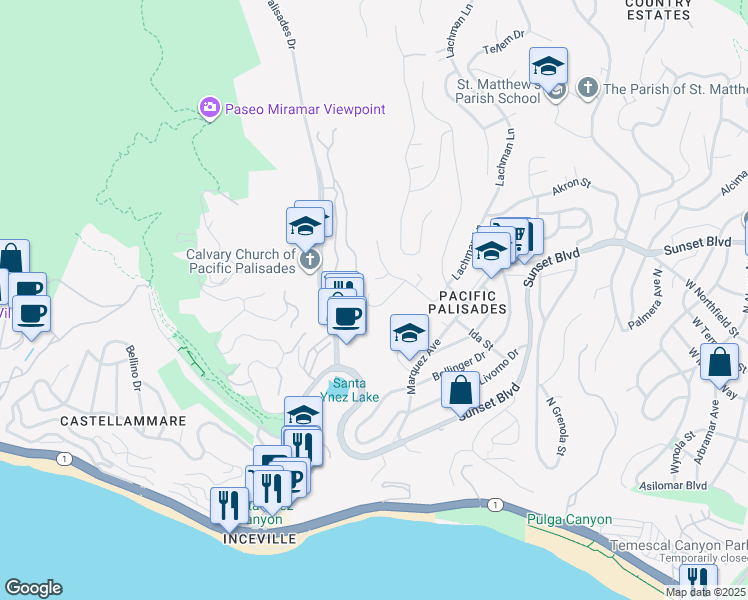 map of restaurants, bars, coffee shops, grocery stores, and more near 16943 Dulce Ynez Lane in Los Angeles