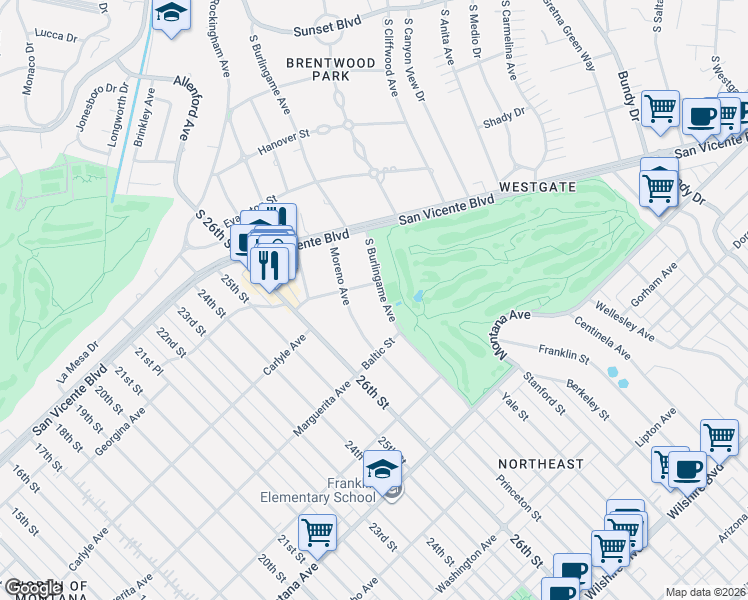map of restaurants, bars, coffee shops, grocery stores, and more near 563 South Burlingame Avenue in Los Angeles