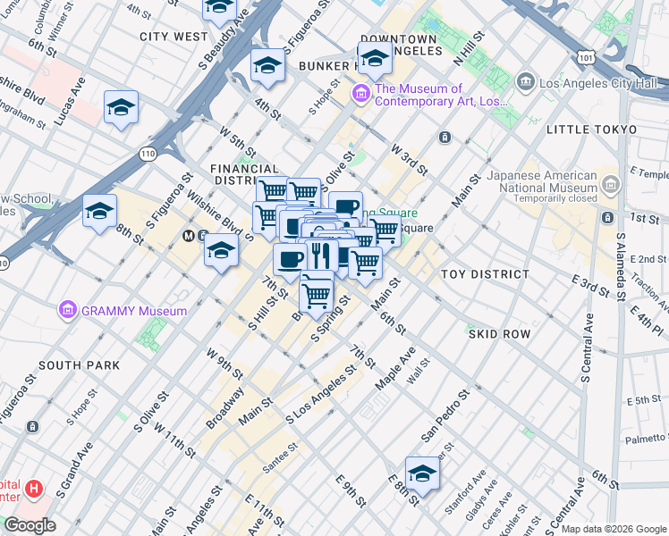 map of restaurants, bars, coffee shops, grocery stores, and more near in Los Angeles
