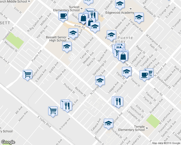 map of restaurants, bars, coffee shops, grocery stores, and more near 652 Sunkist Avenue in La Puente