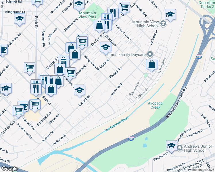 map of restaurants, bars, coffee shops, grocery stores, and more near 2357 Valwood Avenue in El Monte