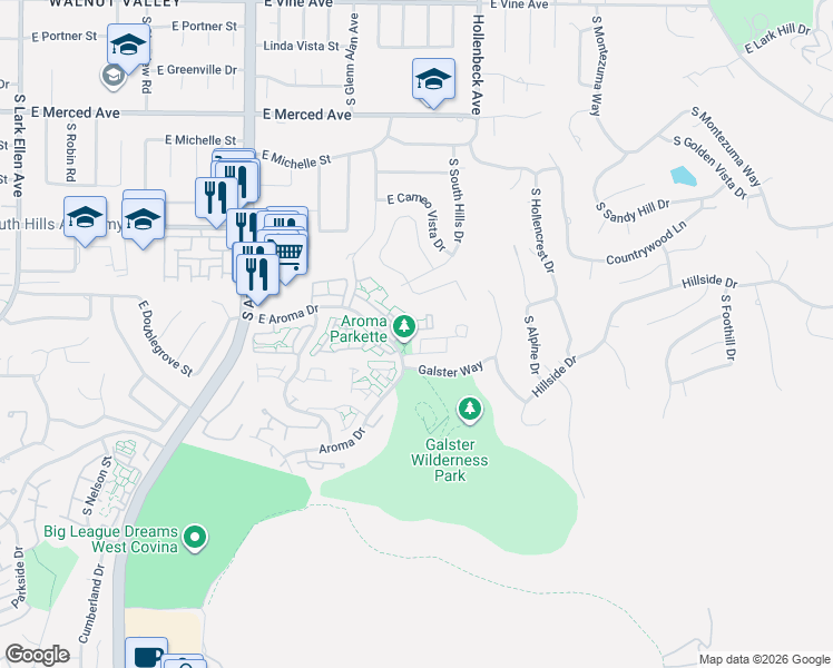 map of restaurants, bars, coffee shops, grocery stores, and more near 2211 Yosemite Way in West Covina