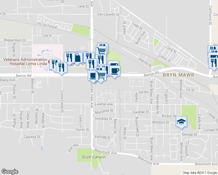 map of restaurants, bars, coffee shops, grocery stores, and more near 25835 Barton Road in Loma Linda