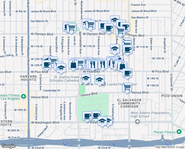 map of restaurants, bars, coffee shops, grocery stores, and more near 2698 West Pico Boulevard in Los Angeles