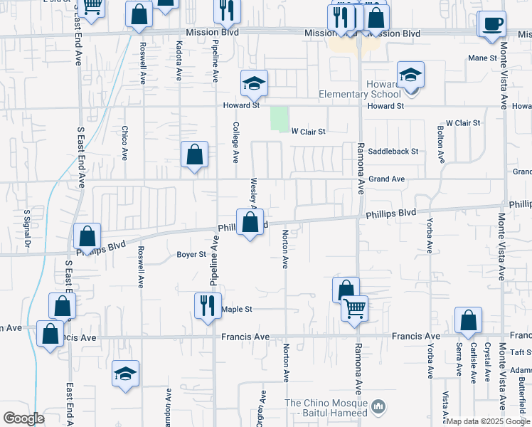map of restaurants, bars, coffee shops, grocery stores, and more near 4235 Monte Verde Avenue in Pomona