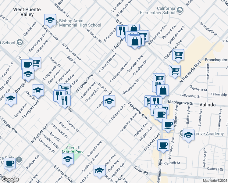 map of restaurants, bars, coffee shops, grocery stores, and more near 14852 West Fairgrove Avenue in West Covina