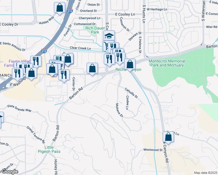 map of restaurants, bars, coffee shops, grocery stores, and more near 1290 Cahuilla Street in Colton