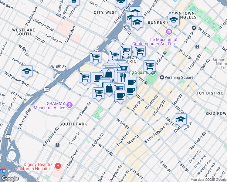 map of restaurants, bars, coffee shops, grocery stores, and more near 746 South Hope Street in Los Angeles