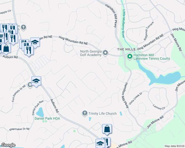 map of restaurants, bars, coffee shops, grocery stores, and more near 3139 Brooksong Way in Dacula