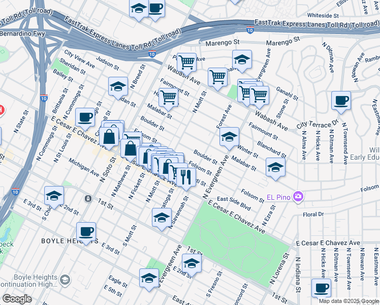 map of restaurants, bars, coffee shops, grocery stores, and more near 2732 Boulder Street in Los Angeles