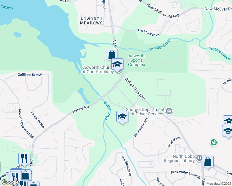 map of restaurants, bars, coffee shops, grocery stores, and more near 3855 Lakeview Way Northwest in Kennesaw