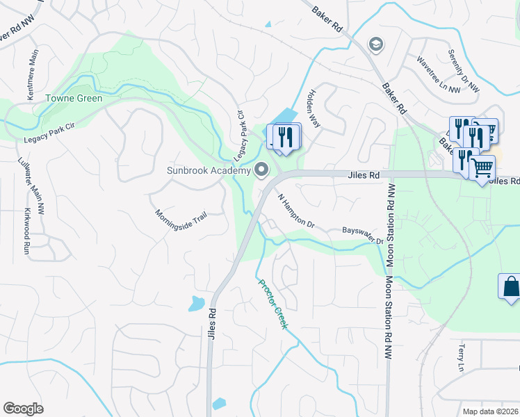 map of restaurants, bars, coffee shops, grocery stores, and more near 3840 Jiles Road in Kennesaw