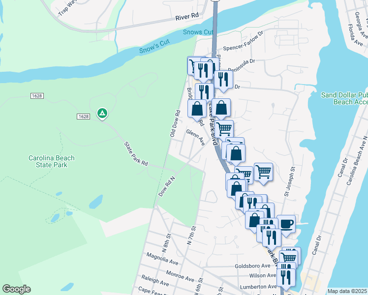 map of restaurants, bars, coffee shops, grocery stores, and more near 810 Blanche Avenue in Carolina Beach