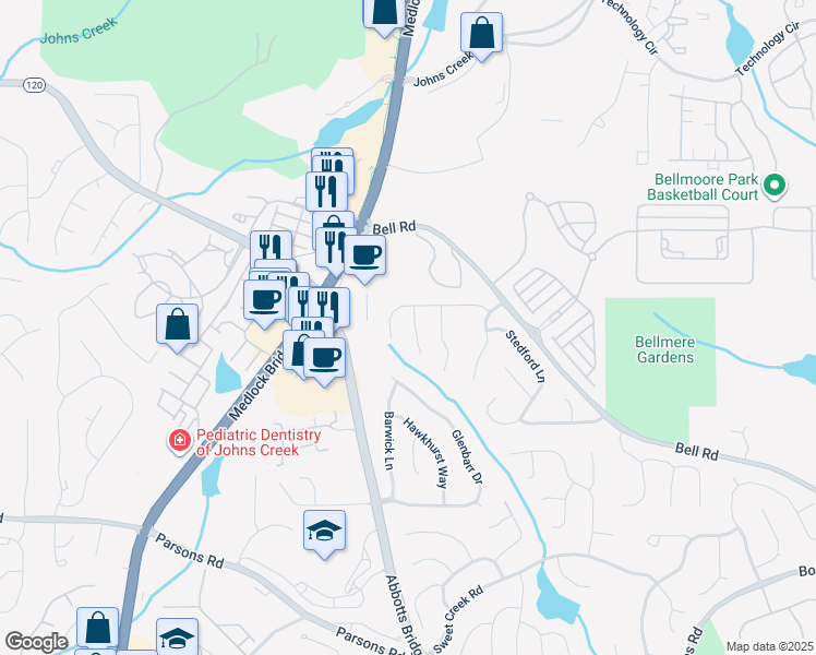 map of restaurants, bars, coffee shops, grocery stores, and more near 415 Fairford Lane in Duluth