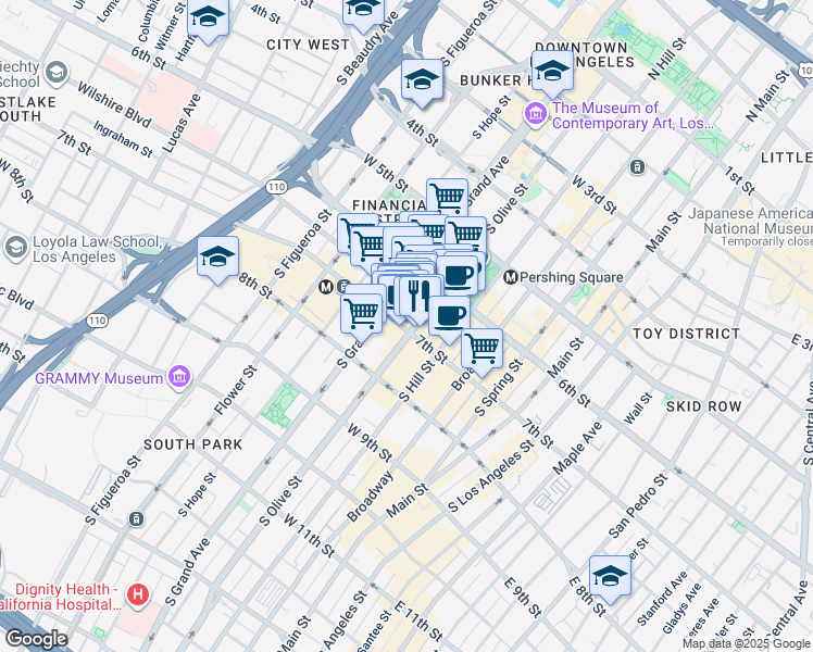map of restaurants, bars, coffee shops, grocery stores, and more near 649 South Olive Street in Los Angeles