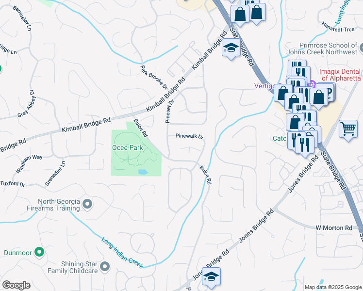 map of restaurants, bars, coffee shops, grocery stores, and more near 275 Pinewalk Way in Alpharetta