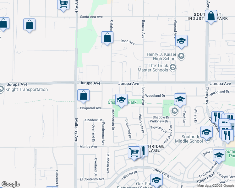 map of restaurants, bars, coffee shops, grocery stores, and more near 13908 Woodland Drive in Fontana
