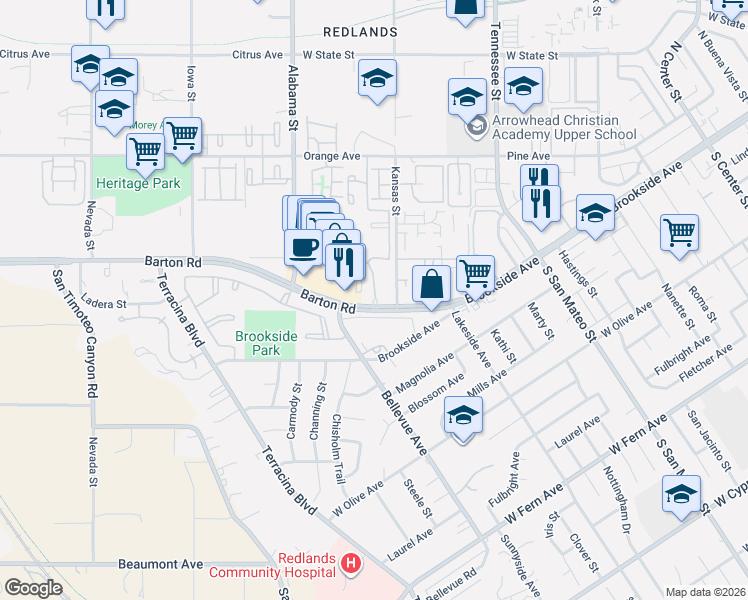 map of restaurants, bars, coffee shops, grocery stores, and more near 1400 Barton Road in Redlands