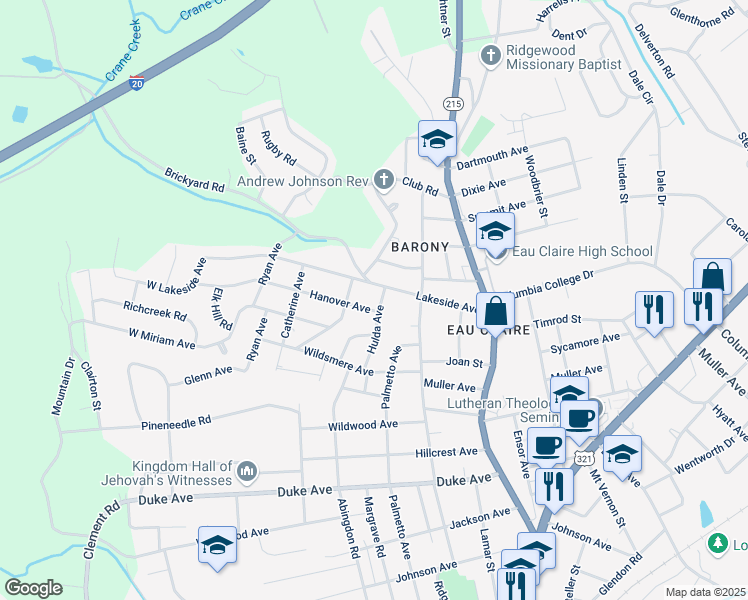 map of restaurants, bars, coffee shops, grocery stores, and more near 314 Hanover Avenue in Columbia