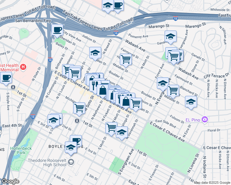 map of restaurants, bars, coffee shops, grocery stores, and more near 2509 Cincinnati Street in Los Angeles