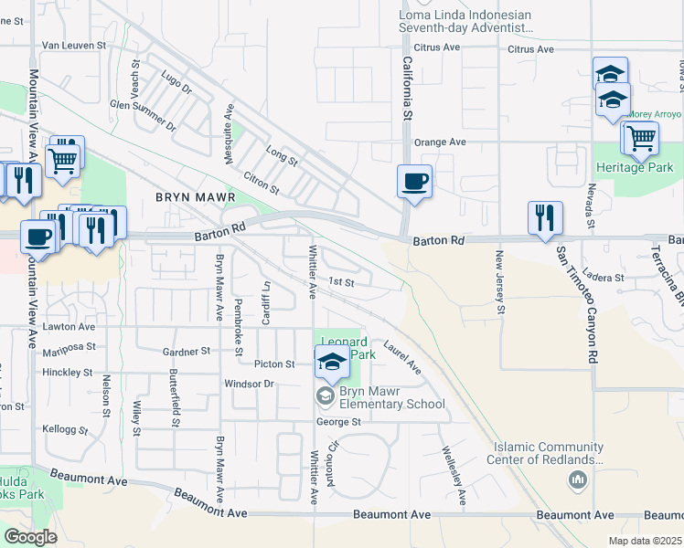 map of restaurants, bars, coffee shops, grocery stores, and more near 26377 Delgado Avenue in Loma Linda