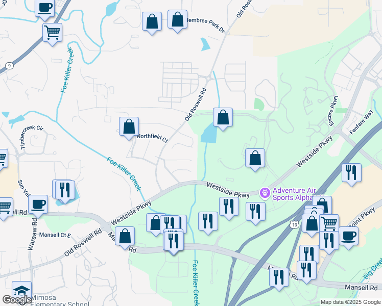 map of restaurants, bars, coffee shops, grocery stores, and more near 1042 Dassow Court in Alpharetta