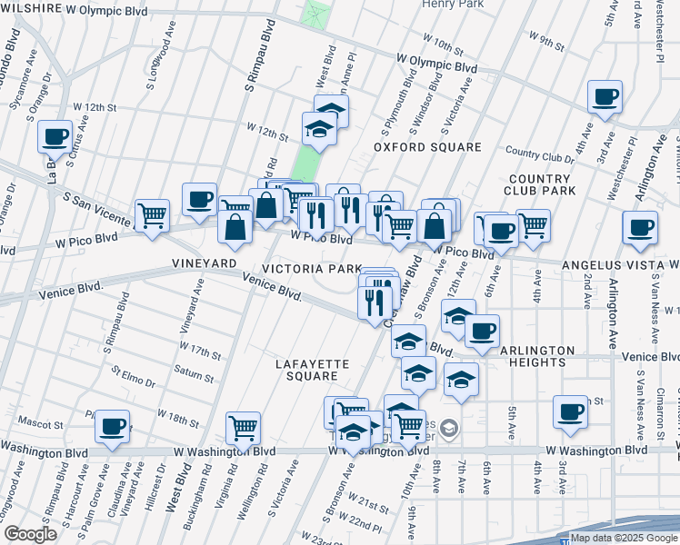 map of restaurants, bars, coffee shops, grocery stores, and more near 4362 Victoria Park Drive in Los Angeles