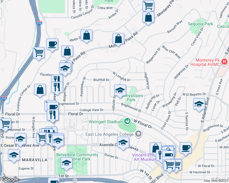 map of restaurants, bars, coffee shops, grocery stores, and more near 1389 Hillside Street in Monterey Park