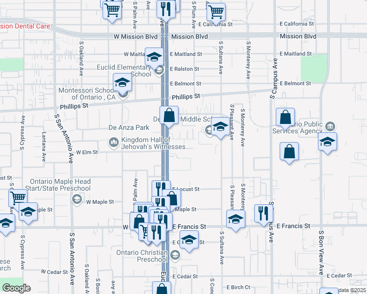 map of restaurants, bars, coffee shops, grocery stores, and more near 1459 South Euclid Avenue in Ontario