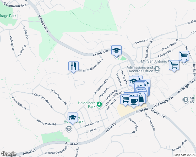 map of restaurants, bars, coffee shops, grocery stores, and more near 20550 Camelback Drive in Walnut