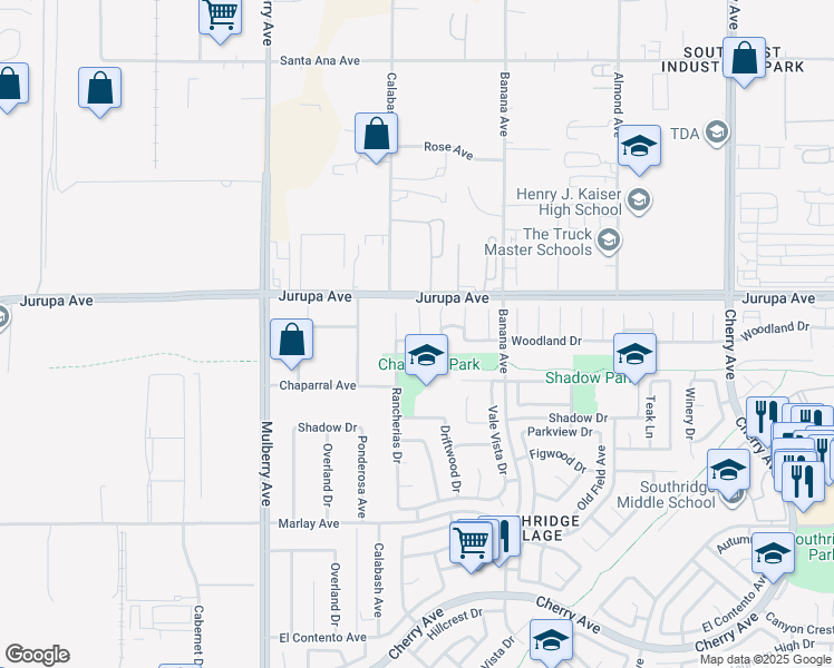 map of restaurants, bars, coffee shops, grocery stores, and more near 13910 Woodland Drive in Fontana