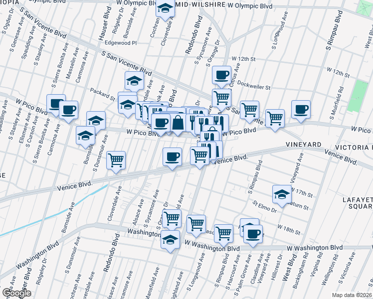 map of restaurants, bars, coffee shops, grocery stores, and more near 1426 South Orange Drive in Los Angeles