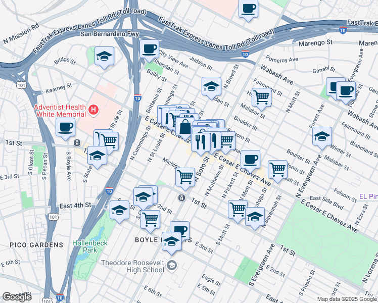 map of restaurants, bars, coffee shops, grocery stores, and more near 247 North Breed Street in Los Angeles