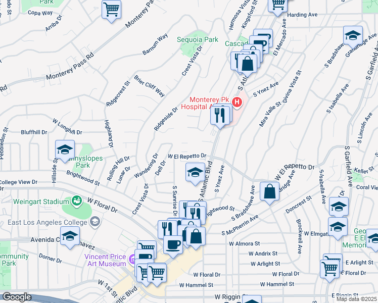 map of restaurants, bars, coffee shops, grocery stores, and more near 877 West El Repetto Drive in Monterey Park