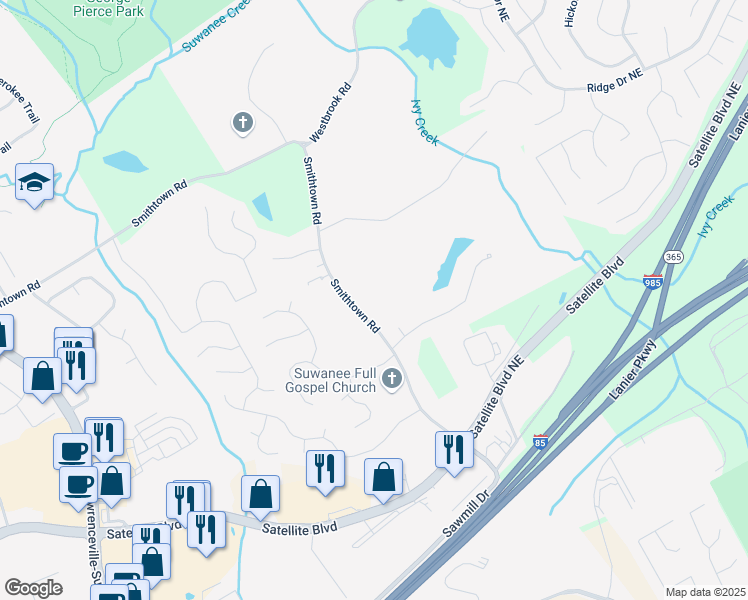 map of restaurants, bars, coffee shops, grocery stores, and more near 3355 Smithtown Road in Suwanee