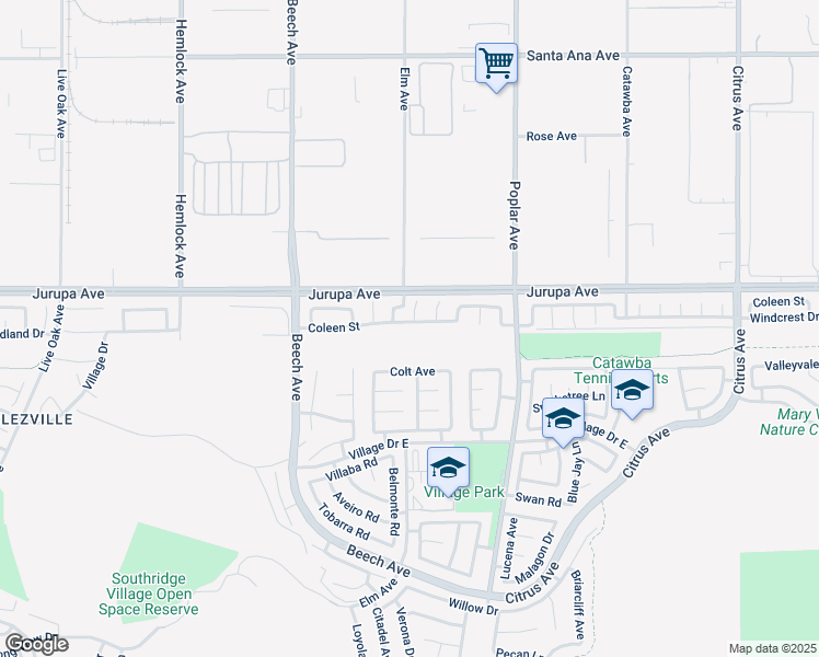 map of restaurants, bars, coffee shops, grocery stores, and more near 15507 Coleen Street in Fontana