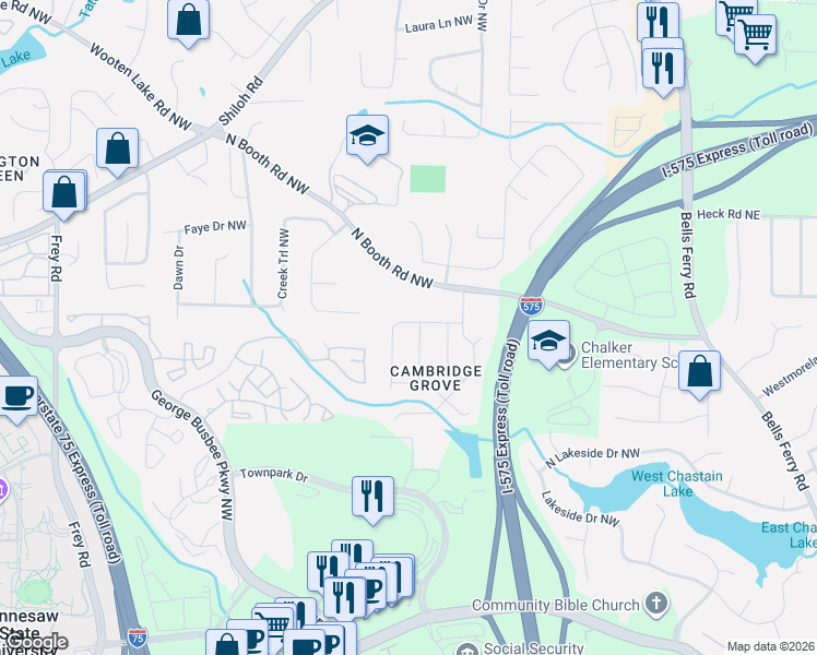 map of restaurants, bars, coffee shops, grocery stores, and more near 432 Ethridge Drive Northwest in Kennesaw