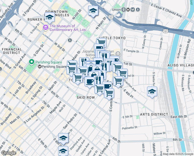 map of restaurants, bars, coffee shops, grocery stores, and more near 420 East 3rd Street in Los Angeles