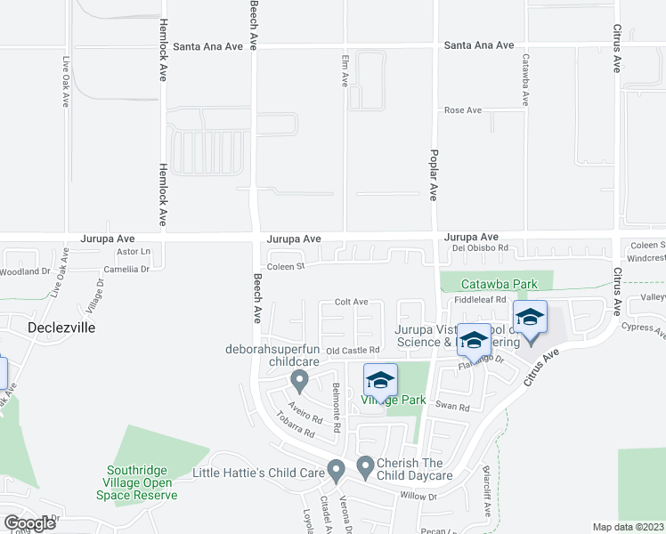 map of restaurants, bars, coffee shops, grocery stores, and more near 15473 Coleen Street in Fontana